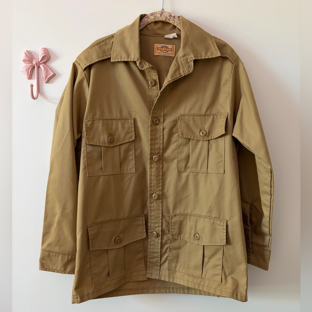 Vintage SAFTBAK Belted Hunting Jacket Medium Tan Safari Utility Coat USA - Picture 2 of 16